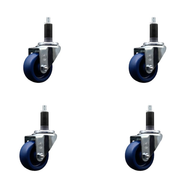 3'' SS Solid Poly Wheel Swivel 1-1/8'' Expanding Stem Caster Set, 4PK